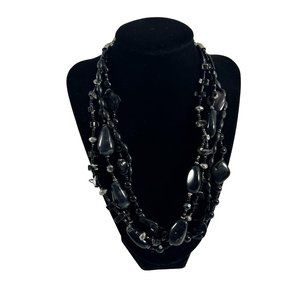 Triple Strand Black Beaded Necklace Silver Tone Adjustable Layered
